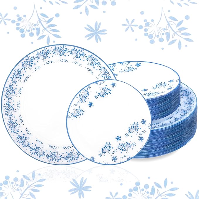 60 PCS Blue Floral Plastic Plates by Joyido