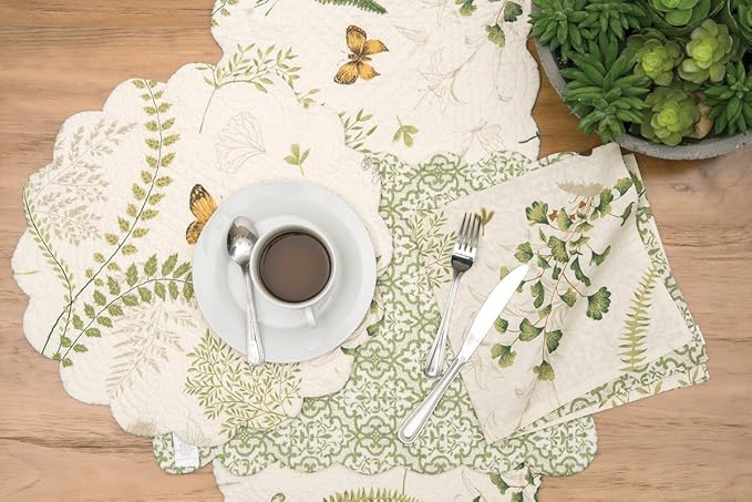 C&F Home 17" Althea Round Scalloped Edge Cotton Quilted Placemats, Set of 6 Spring Springtime Butterfly Dragonfly Plants Fern Greenery Nature Tabletop Décor Decoration S/6 Round Placemat Set of 6