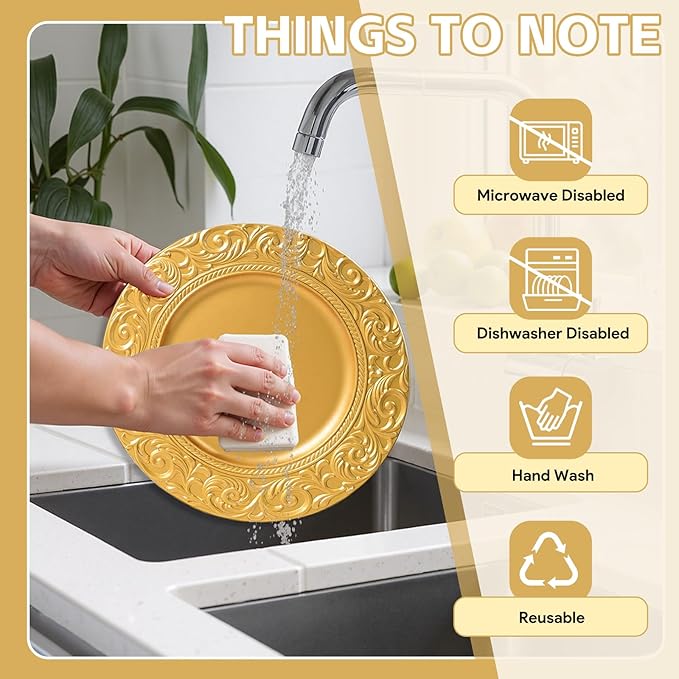 PROY Antique Charger Plates Set, 50 Pcs 13in Plastic Embossed Gold Chargers for Dinner Plates, Round Floral Gold Chargers for Table Setting, Wedding, Party, Event
