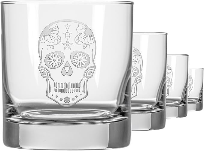Rolf Glass Sugar Skull On the Rocks Glass | Set of 4 Etched 11oz Whiskey Glasses | Made in America | Mardi Gras Tumblers