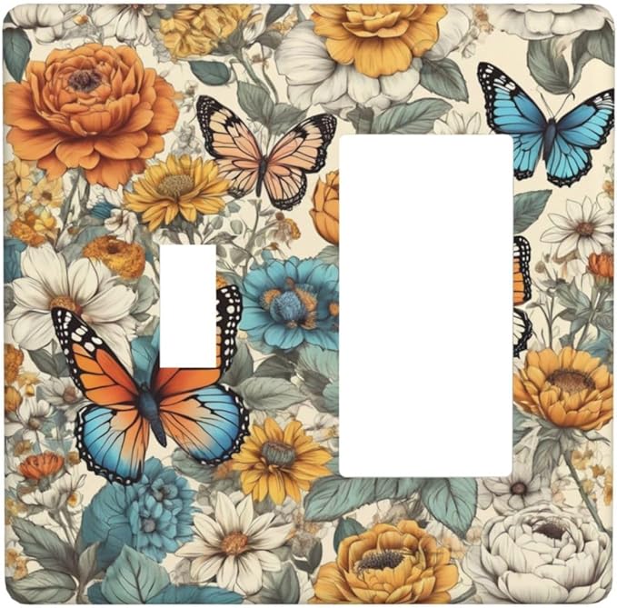 Light Switch Cover Vintage Colorful Floral Butterfly Flowers 2 Gang Toggle Rocker Combo Socket Cover Wall Plates Decorative Switch Plates and Outlet Covers for Bathroom Bedroom Decor