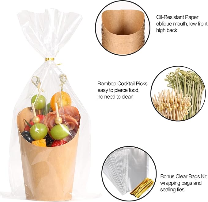 Disposable Charcuterie Cups 60 PCS with 200PCS Sticks and 60PCS Bags, 14 oz Kraft Paper Snack Boxes Appetizers Cup French Fry Holder with Cocktail Skewers Toothpicks Tooth Picks, Brown