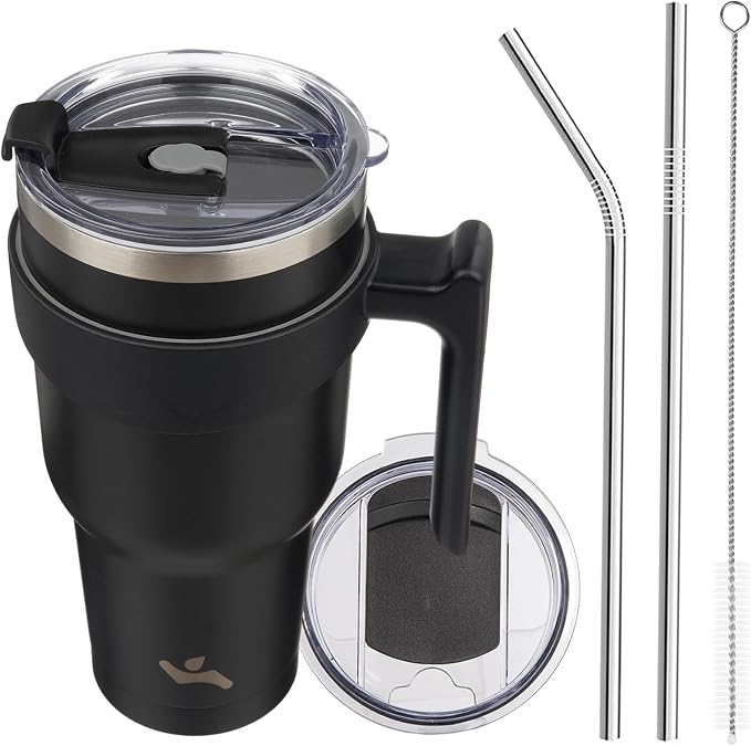 Konokyo 40 oz Tumbler with Handle and Straw, Insulated Travel Mug | Black; by Konokyo