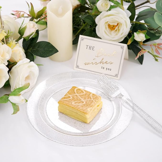 WDF 120PCS Silver Plastic Plates- Disposable Silver Glitter Plates, Premium Heavy Duty 60-10.25" Dinner Plates and 60-7.5" Salad Plates for Parties Wedding Valentine's Day