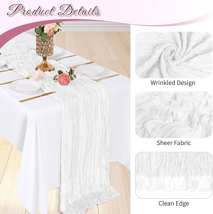 3 Pack White Cheesecloth Table Runner, 17 x 108 inch, Semi Sheer Boho Cheese - Image 4