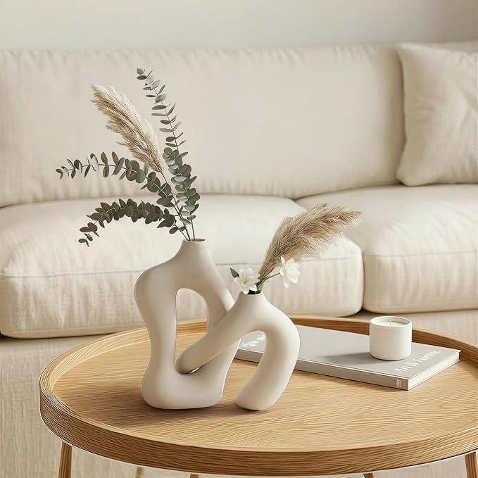 Dowan White Vases for Decor, Hollow Ceramic Vase Set of 2, 8.3" Nordic Modern - Image 5