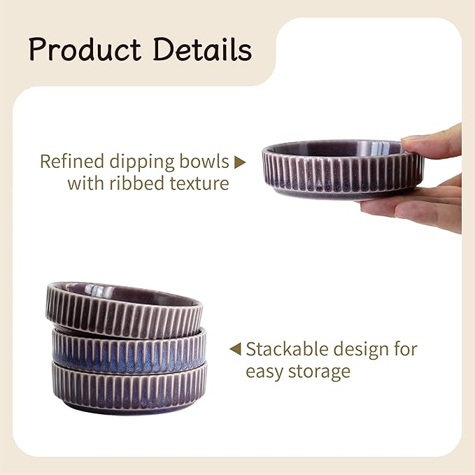 Ceramic Dipping Bowls Set of 6, 4oz Sauce Dishes, 3.74 Inch Diameter, Oxford White with Vertical Texture, Stackable & Dishwasher Safe (Purple)
