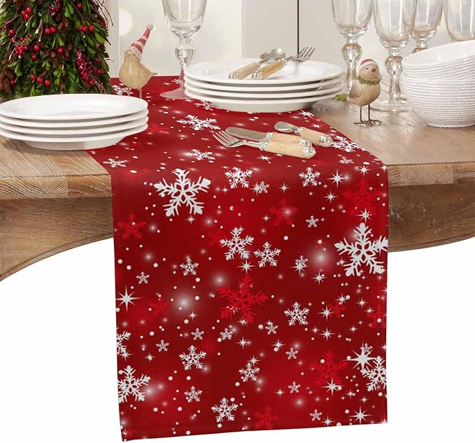 Red Christmas Table Runners 72 Inches Long, Cotton Linen Fabric Snowflake Table - Image 4