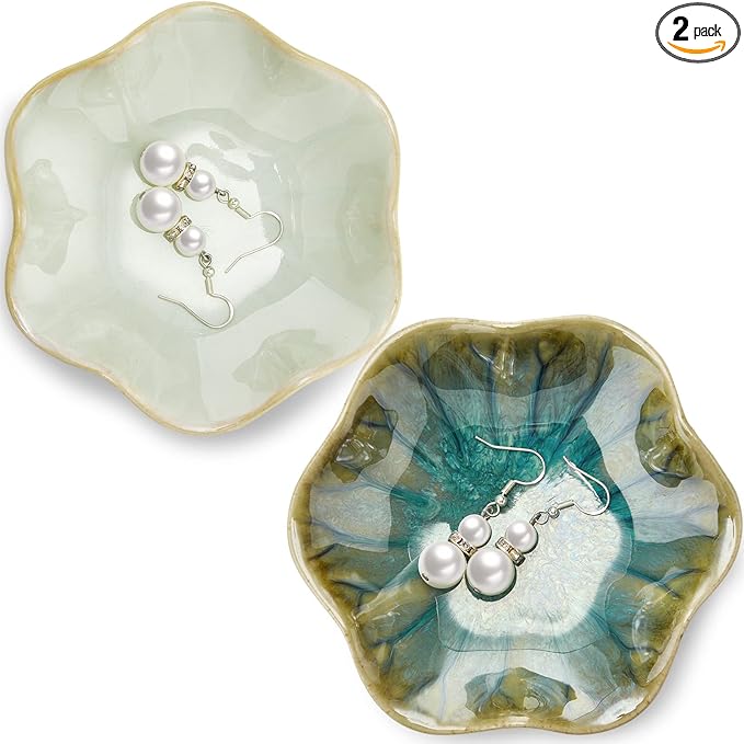 meekoo 2 Pcs Trinket Dishes for Jewelry Lotus Leaf Shape Ceramic Ring Holder Jewelry Tray Bowl Woman Gift for Mom Sister(Green)