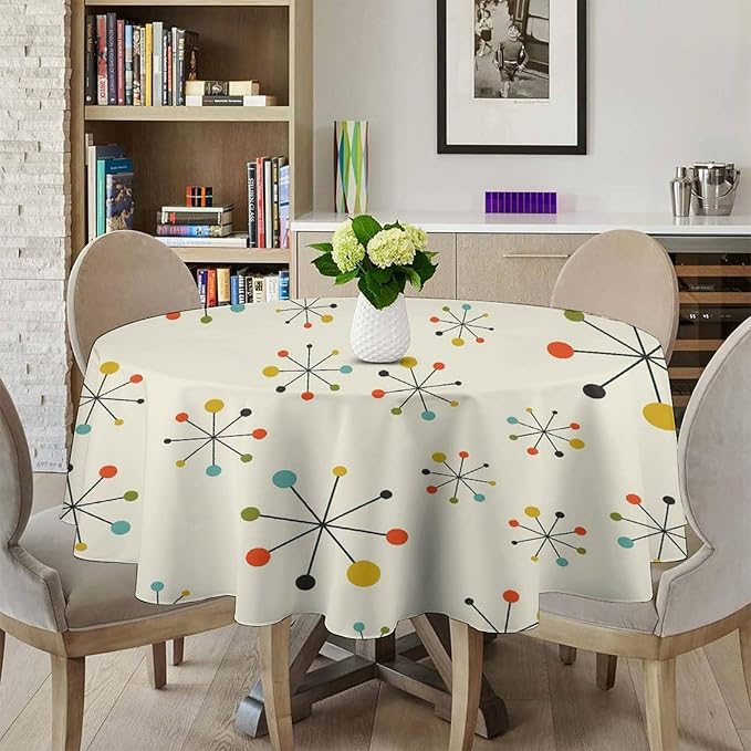 Medieval Round Tablecloth, Boho Mid Century Abstract Modern Retro Colors Pattern Tablecloth for Home Party Dining Room Kitchen Decor 50Inch(127cm)