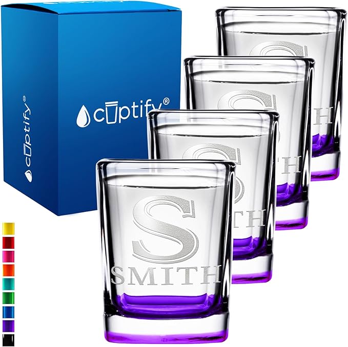 Personalized Shot Glasses Set of 4 Initial and Name 2oz Purple Bottom Etched Square Shot Glass Engraved with Custom Text Birthday Gift for Men and Women