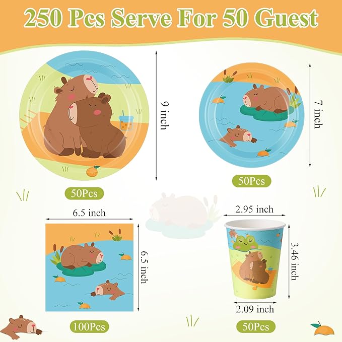 Pickmesh 250 Pcs Capybara Birthday Party Supplies Tableware Set Capybara Disposable Paper Plates Napkins and Cups for Birthday Baby Shower Animal Theme Party Decorations