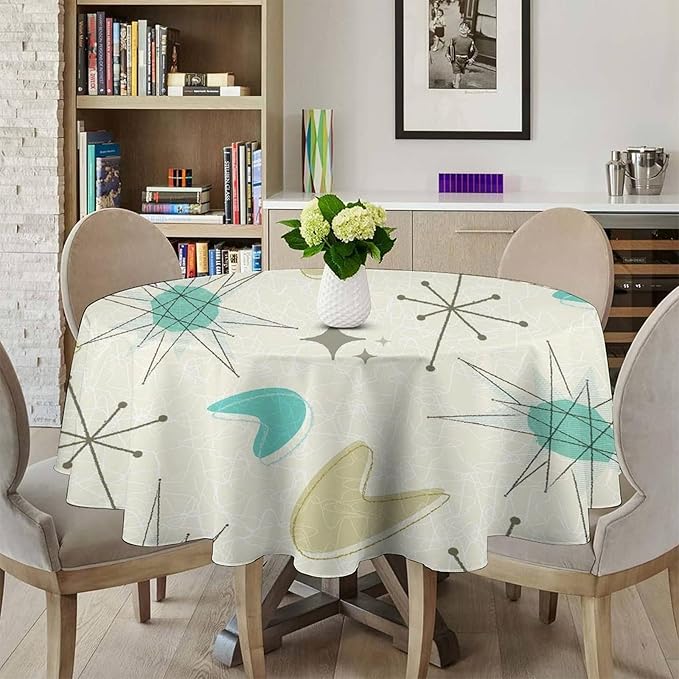 Mid Century Round Tablecloth, Modern Atomic Abstract Geometric Pattern Tablecloth for Home Party Dining Room Kitchen Decorm 50Inch(127cm)