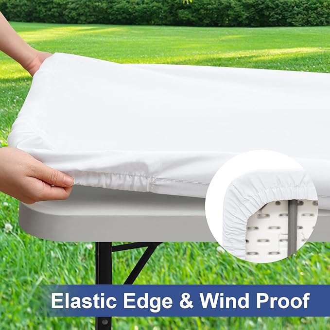 homing 2 Pack Rectangle Table Cloth, Elastic Fitted Fabric Tablecloth Fits for 6 Foot Folding Tables, Washable Table Cover for Picnic, Camping, Indoor & Outdoor (White, 30" x 72")