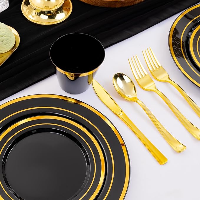 WELLIFE 150 PCS Black and Gold Disposable Dinnerware Set, Plastic Plates for Party, Including 25 Dinner Salad Plates, Cups, Forks Knives Spoons for New Year Party Supplies