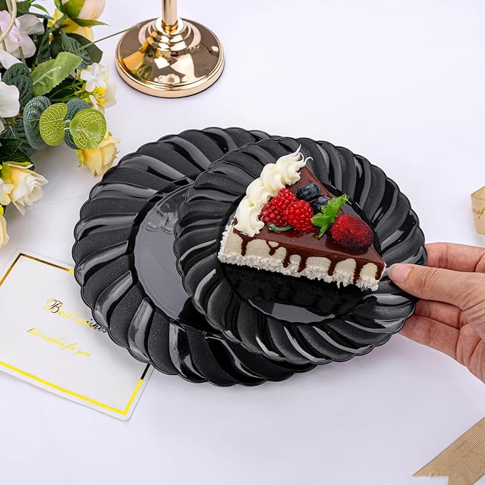 U-QE 100PCS Black Plastic Plates, Heavy Duty Black Disposable Plates Including 50PCS 9inch Dinner Plates & 50PCS 6.5inch Dessert Plates -Hard Plastic Plates for Party Wedding Bridal Shower