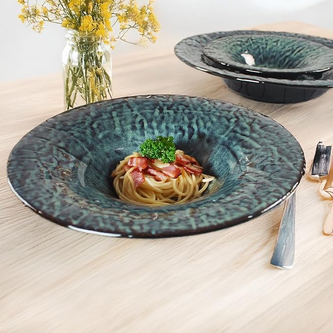 Ceramic Pasta Bowls, 12 oz Pasta Plates, Reactive Glaze Pasta Bowl Set of 4, Large Wide Serving Bowls for Salad, Dessert, Fruit, Microwave & Dishwasher, Oven Safe