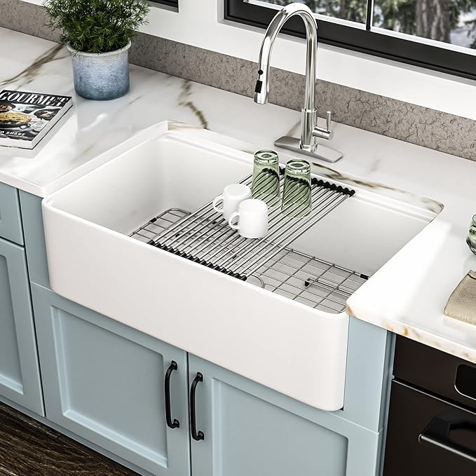 33 White Farm Sink Workstation - Fulorni 33 Inch Farmhouse Kitchen Sink with Slide Ledge Flat Apron Front White Ceramic Porcelain Fireclay Single Bowl Farmer Style Basin
