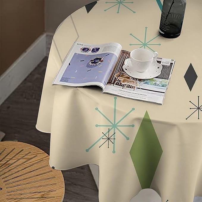 Colorful Middle Century Round Tablecloth, Vintage Bohemian Mid Century Modern Retro Print Tablecloth for Home Party Dining Room Kitchen Decor 36Inch(90cm)