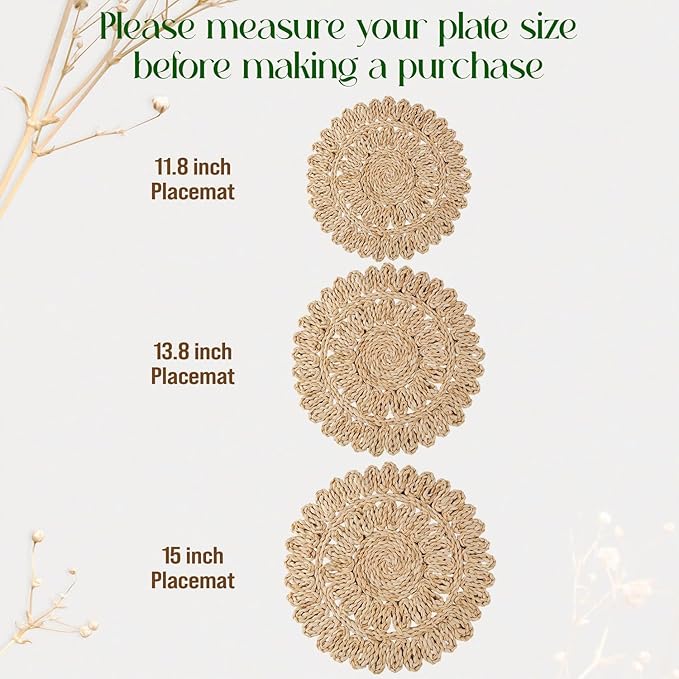 13.8" Corn Husk Woven Round Placemats Set of 8 - Wicker Boho Farmhouse Placemats - Rattan Table Mats Like Water Hyacinth for Dining Table, Wedding, Home