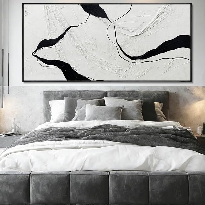 Extra Large Black Line Abstract Hand Painted Canvas Wall Art Gray and Black Minimalist Modern Painting with Framed for Living Room Bedroom Office Wall Decor 40x88 Inch