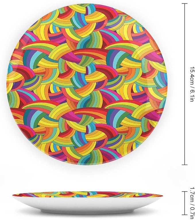 Ceramic Display Plate, Abstract Decor Ceramic Hanging Decorative Plate, Colorful Rainbows Wheels Spiral Wavy Fashionable, 6 Inch, Household Custom Ceramic Plate, Multy