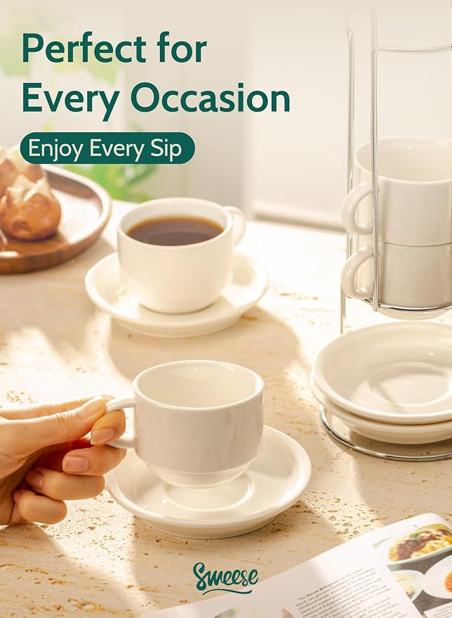 Sweese Porcelain Espresso Cups Set, 4 oz Stackable Cups - Image 5