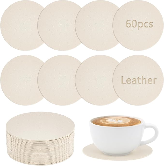 60Pcs Round Leather Coasters for Drinks, Drinking Coaster, 1.5 mm Thickness by GLASSWINDS