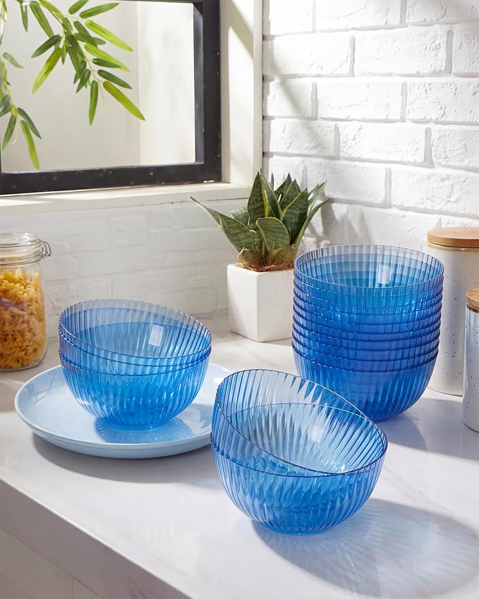 bUCLA 12 PCS Plastic Cereal Bowls Set - 28 Oz Clear Blue Disposable Vertical - Image 6
