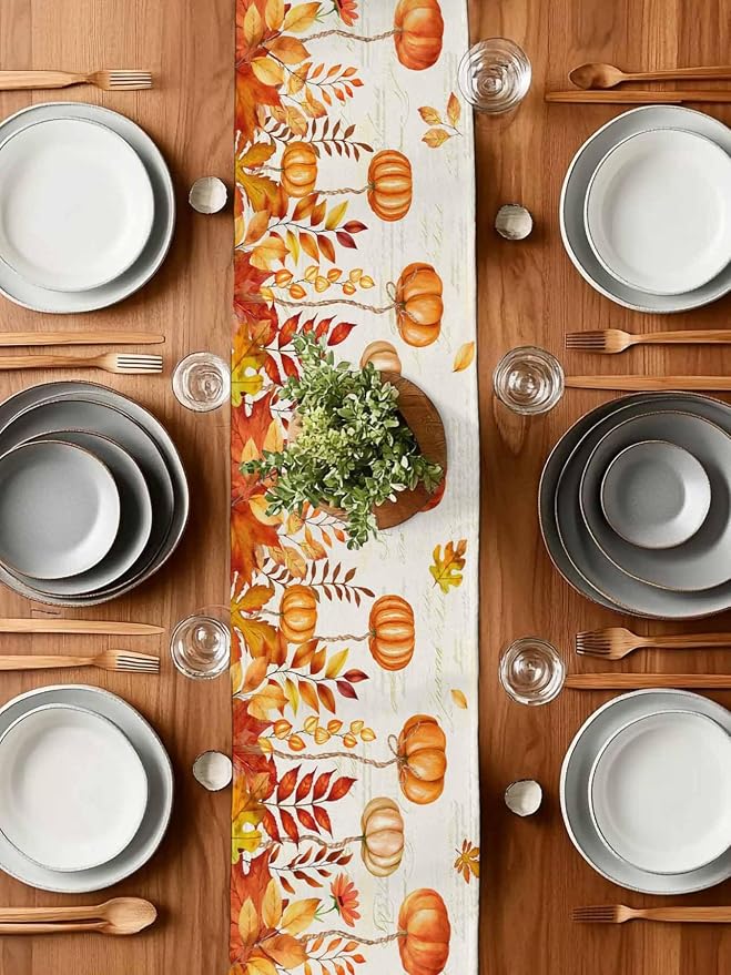 Orange Pumpkin Fall Table Runner 72 Inches Long, Thanksgiving Maple Eucalyptus - Image 7
