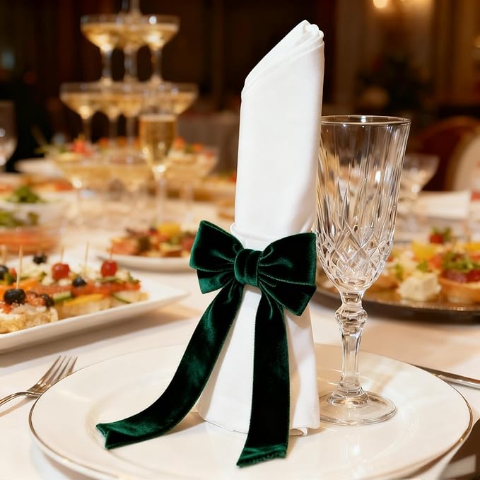 Dark Green Velvet Bow Napkin Rings Set of 12 - Luxury Soft Velvet Napkin Holders, Elegant Bow Design for Christmas Holiday Dinner Wedding Party Table Decor