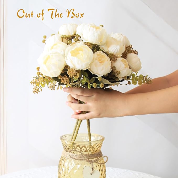 Faux Flowers in Vase,Fake Flowers in Vase 21 Pcs Faux Peony Flowers,Artificial Flowers for Home Decor, Indoor Centerpiece for Living Room & Dining Table (White)