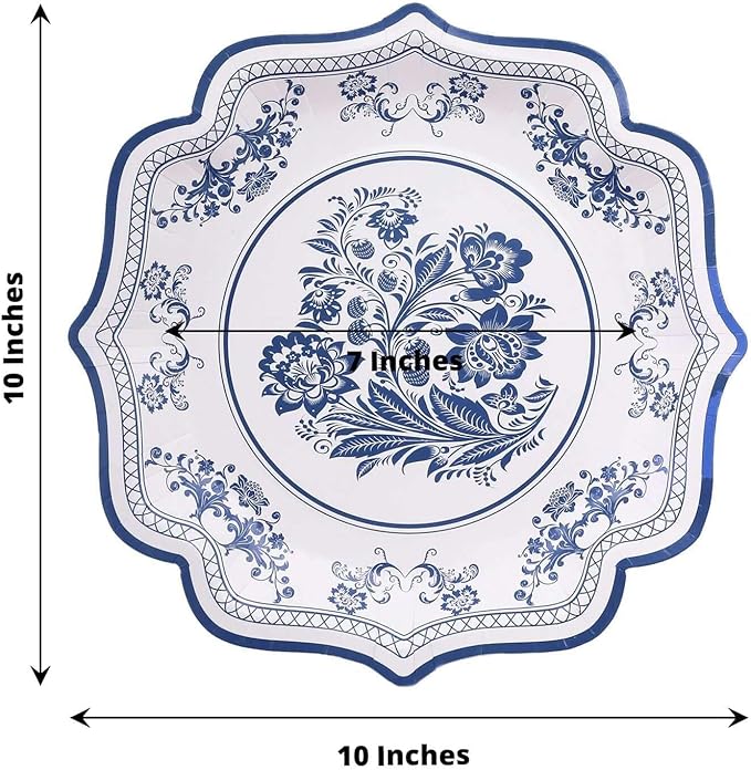50 Pack 10" Light Blue French Toile Dinner Plates, Disposable Round Paper Party Plates 300 GSM for Festive Table Decoration
