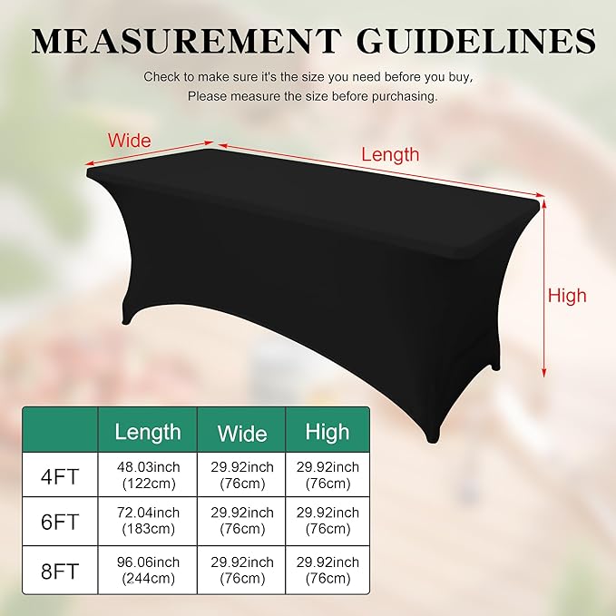 6Pack 8FT Table Cloth for Rectangular Fitted Events Stretch Black Table Covers Washable Spandex Tablecloth Protector for Party, Wedding, Cocktail, Banquet, Festival