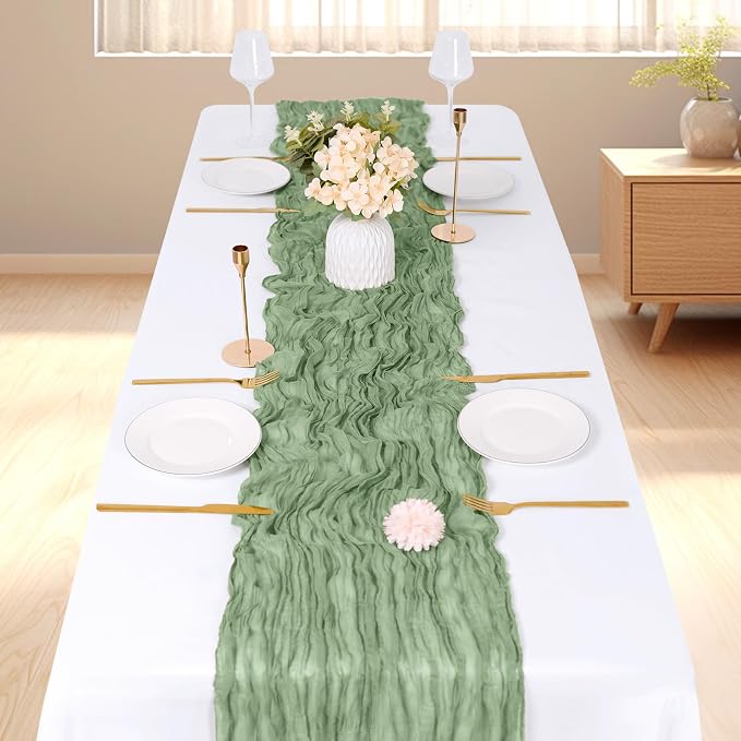3 Pack Sage Green Cheesecloth Table Runner, 17 x 108 inch, Semi Sheer Boho - Image 2
