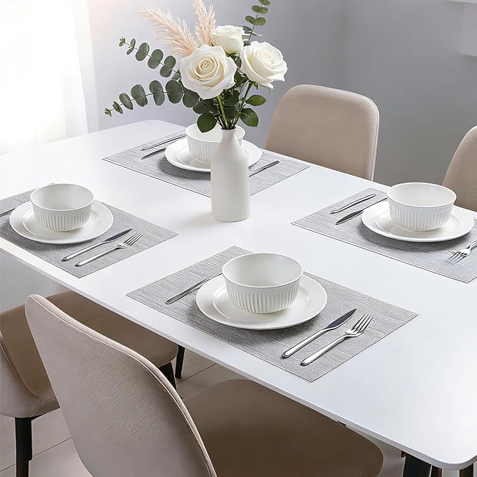 Timeet Placemats Set of 8, Heat Resistant Non-Slip Place Mats for Dining Table, Durable Washable PVC Vinyl Woven Table Mats, Linen Textured Placemats for Kitchen Resistant Easy to Clean(Gray