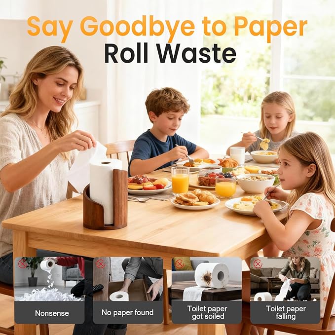 Mountain Paper Towel Holder Countertop, 2026 Upgrade 100% Natural Mango Wood Round Base and Iron Holder, Wooden Paper Towel Holder for Kitchen Roll Organize Dining Table Home Decor (Black)