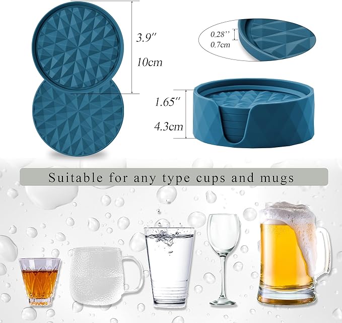 Silicone Coasters for Drinks[6 Pack]- Cup Mat with Holder for Tabletop Protection-Non-Slip, Non-Stick, Coffee Table Decor, Great Gift for Any Occasion, Dark Blue