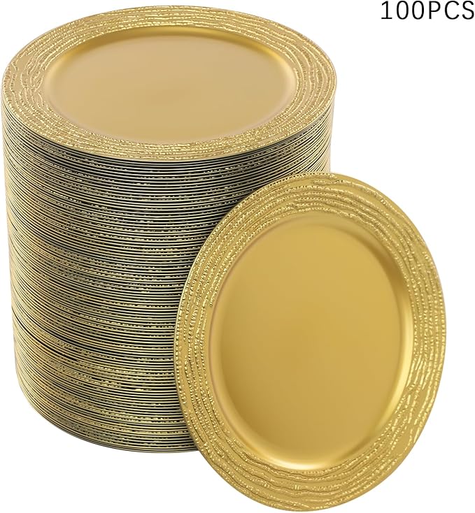 100 PCS Antique Charger Plates Bulk, 13 Inch Round Textured Edge Plastic Dinner Chargers, Bulk Plastic Charger Plates Set for Wedding, Party, Table Decor (Gold)