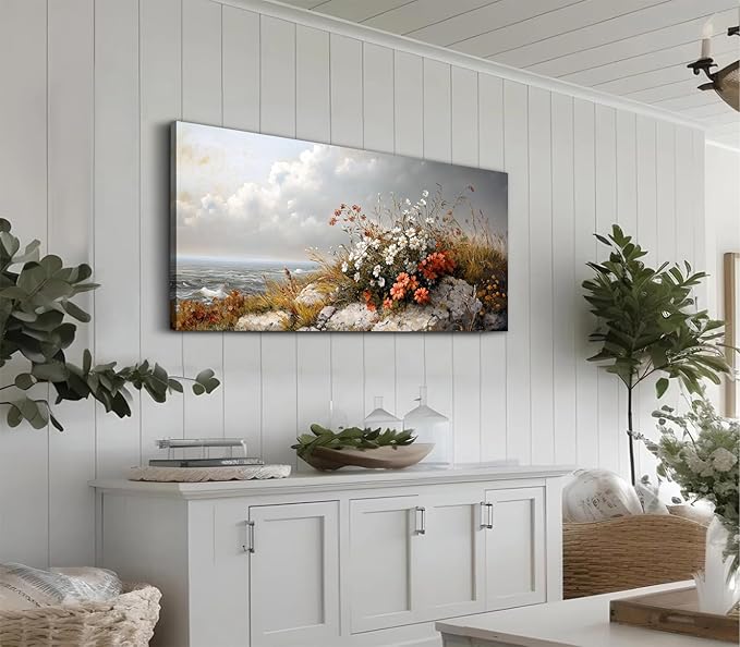 ADJUVANT Wall Art Vintage Coastal Floral Scene 40"L x 20"W, Seaside Wildflowers By The Ocean Canvas Painting Nature Artwork Coastal Blooms Prints Botanic Decor for Living Room Bedroom Bathroom Home Office