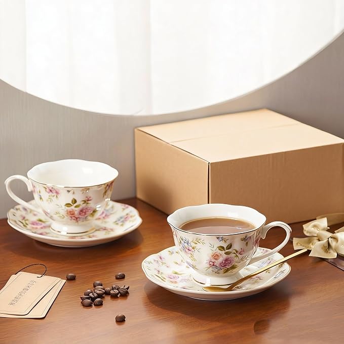 8 oz Vintage flower Ceramic cup and 6" saucer set - Image 6