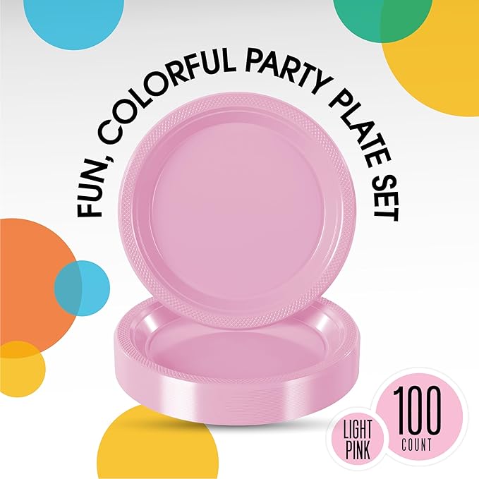 Pink Plastic Plates For Party 10" Pink Disposable Plates Heavy Duty 100 Pcs Plastic Dinnerware Sets Heavy Duty 350 GSM Disposable Dinnerware Set