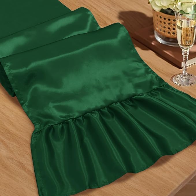 2 Pack Dark Green Satin Table Runner 12 x 108 Inch | Ruffle Design, Luxurious by Unknown