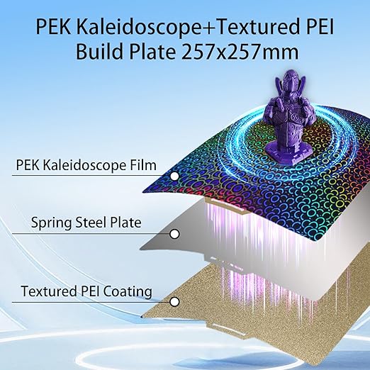 IdeaFormer Smooth Kaleidoscope PEK+Textured PEI Spring Steel Sheet 257x257mm,Flexible PEK+PEI Without Magnetic Build Plate for Bambu Lab X1/X1C/X1E/P1P/P1S/A1 3D Printers.
