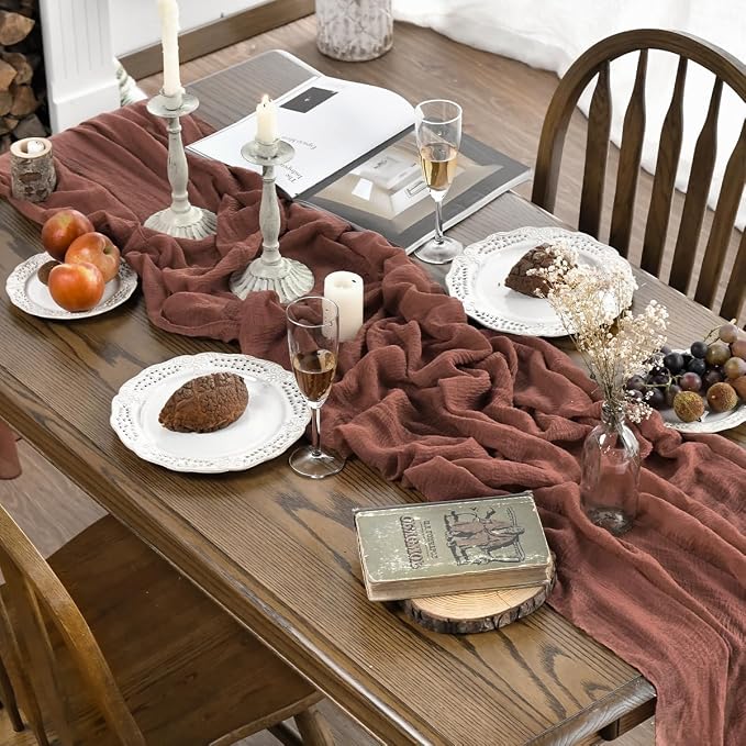 Artoid Mode Boho Cheesecloth Gauze Dusty Rose Wedding Table Runner, 160 Inch - Image 3