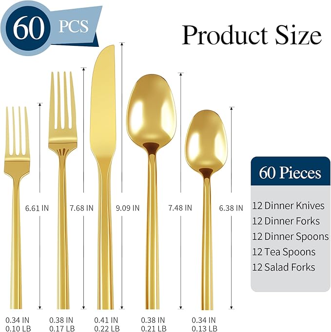 Silverware Set 60-Piece Stainless Steel Cutlery, Mirror Polishing Utensils, Gold Hexagon Flatware Sets, Service for 12