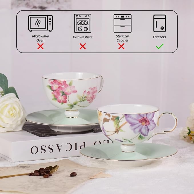 KAMMAK Tea Cups Set of 2, Ceramic Floral Pattern Demitasse Cup | Porcelain - Image 6