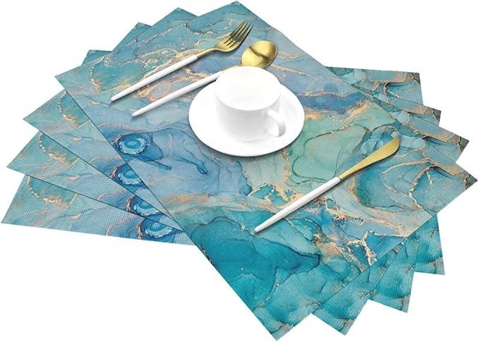 Teal Marble Placemats Set of 6 Turquoise Blue Gold Natural Luxury Abstract Fluid Wipeable Table Mats Reusable Washable PVC Rectangle Place Mats for Kitchen Dining Home Decor 12x18 Inches