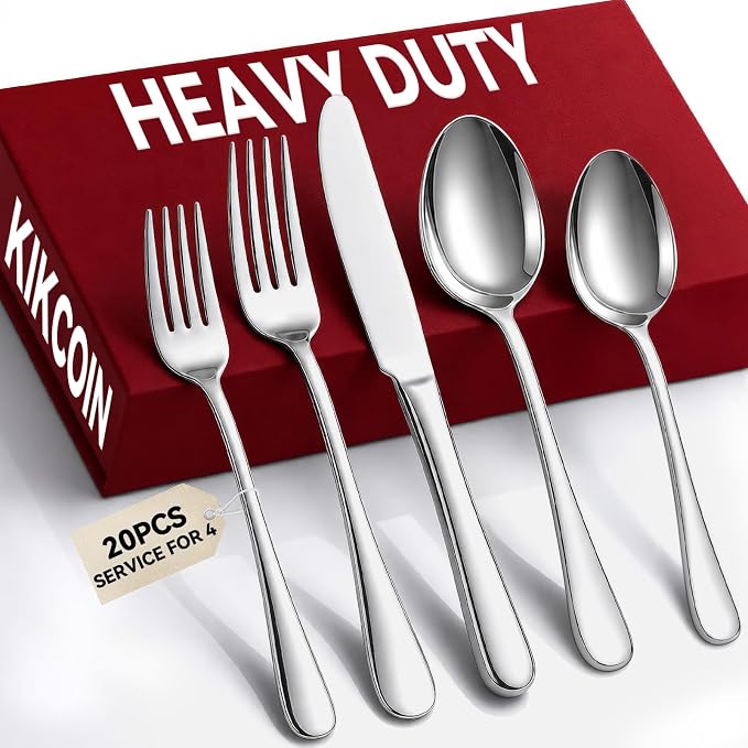 KIKCOIN 20-Pc Silverware Set for 4, Heavy Duty Stainless Steel Flatware Set | by Kikcoin