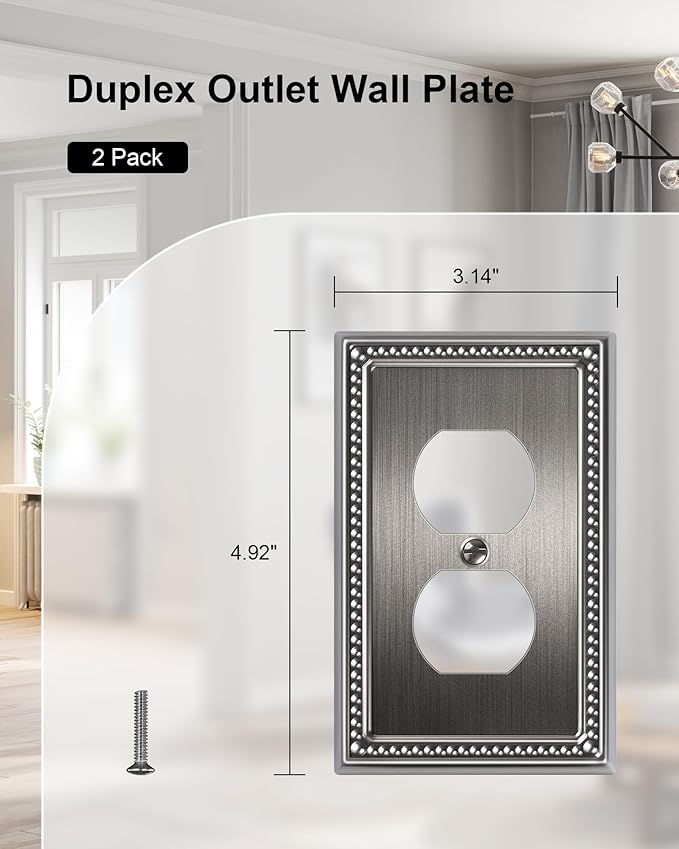 2-Pack Duplex Outlet Cover, Silver Metal Wall Plates for Electrical Outlets, 1 Gang Receptacle Light Switch Cover, Pearls Beaded Decorative Switch Plates and Outlet Covers